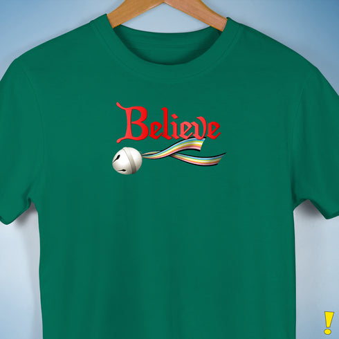 Believe Queer Pride Flag Jingle Bell Premium Unisex T-Shirt - Kelly Green